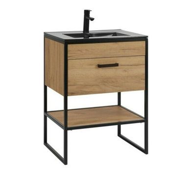 600 Bathroom Vanity Sink Unit with Black Basin Steel Oak Finish