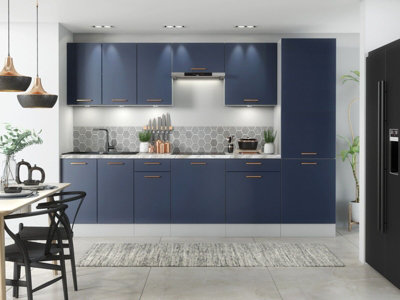 Kitchen Cabinet 8 Unit Set 240cm Navy Blue / Grey Base Wall Copper