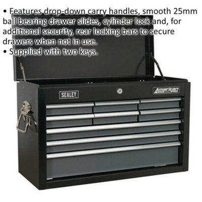 600 x 260 x 380mm BLACK 9 Drawer Topchest Tool Chest Storage Unit - High Gloss
