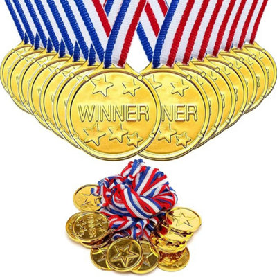 H4H 36X Strong Gold Plastic Winner Medals With Neck Ribbons Sports Day Awards Star Prizes For Classroom Kids Events And Parties