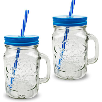H4H 2 X 500Ml Glass Mason Drinking Jars Bottles Party Drink Glasses Lids And Straws from B&Q