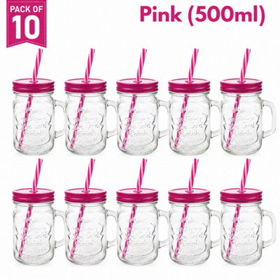 H4H 10X Mason Jar With Handle Pink 500Ml Glass Drinking Cup With Lid And Straw Ideal For Smoothies Juices And Cold Drinks from B&Q