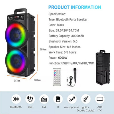 6000W Portable Bluetooth Speaker Sub Woofer Heavy Bass Sound System Party Mic UK
