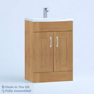 600mm Curve 2 Door Floor Standing Bathroom Vanity Basin Unit (Fully Assembled) - Cambridge Solid Wood Natural Oak