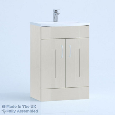 600mm Curve 2 Door Floor Standing Bathroom Vanity Basin Unit (Fully Assembled) - Cartmel Woodgrain Light Grey