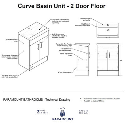 600mm Curve 2 Door Floor Standing Bathroom Vanity Basin Unit (Fully Assembled) - Vivo Gloss White