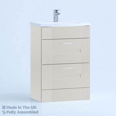 600mm Curve 2 Drawer Floor Standing Bathroom Vanity Basin Unit (Fully Assembled) - Cartmel Woodgrain Light Grey