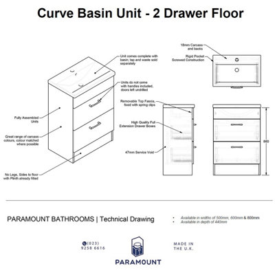 600mm Curve 2 Drawer Floor Standing Bathroom Vanity Basin Unit (Fully Assembled) - Lucente Matt White
