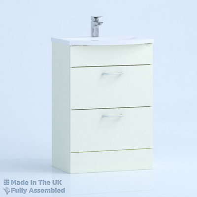 600mm Curve 2 Drawer Floor Standing Bathroom Vanity Basin Unit (Fully Assembled) - Vivo Gloss Ivory