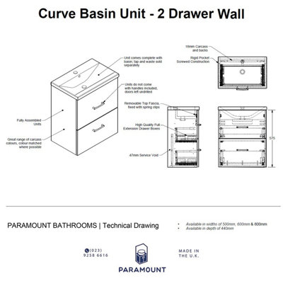 600mm Curve 2 Drawer Wall Hung Bathroom Vanity Basin Unit (Fully Assembled) - Cartmel Woodgrain Ivory