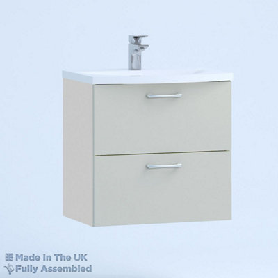 600mm Curve 2 Drawer Wall Hung Bathroom Vanity Basin Unit (Fully Assembled) - Vivo Gloss Light Grey