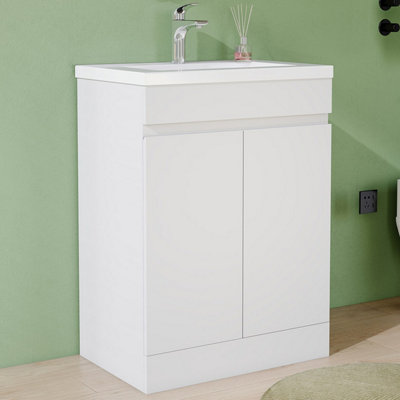 600mm Floor Standing Vanity Unit with Basin Matt White Resin Sink ...