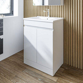 600mm floor standing white bathroom vanity unit with basin and storage