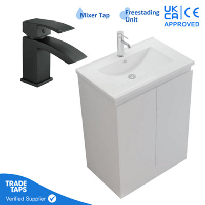 600mm Freestanding Bathroom Vanity Unit with Basin Black Square Tap & Waste