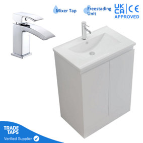 600mm Freestanding Bathroom Vanity Unit with Basin Chrome Square Tap & Waste