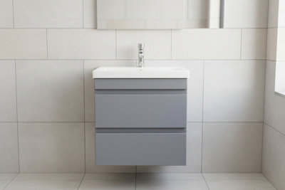 600mm High Gloss Dark Grey Handleless Wall Hung Soft Close Vanity Unit ...