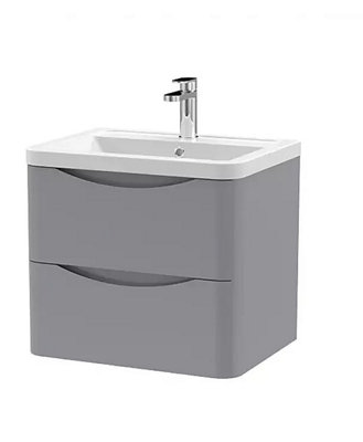 600mm High Gloss Light Grey Wall Hung Bathroom Smile Vanity Unit Soft Close Drawer With Ceramic Basin