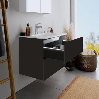 600mm LED Drawers Minimalist 2 Drawer Wall Hung Bathroom Vanity Basin Unit (Fully Assembled) - Lucente Gloss Anthracite Price Comparisons | Compare The Build