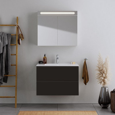 600mm LED Drawers Minimalist 2 Drawer Wall Hung Bathroom Vanity Basin Unit (Fully Assembled) - Lucente Matt Anthracite