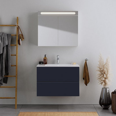 600mm LED Drawers Minimalist 2 Drawer Wall Hung Bathroom Vanity Basin Unit (Fully Assembled) - Lucente Matt Indigo