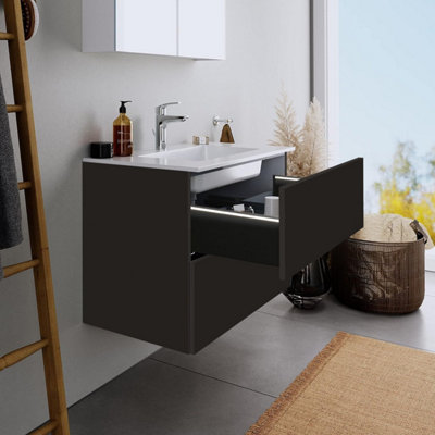 600mm LED Drawers Minimalist 2 Drawer Wall Hung Bathroom Vanity Basin Unit (Fully Assembled) - Vivo Gloss Anthracite Price Comparisons | Compare The Build