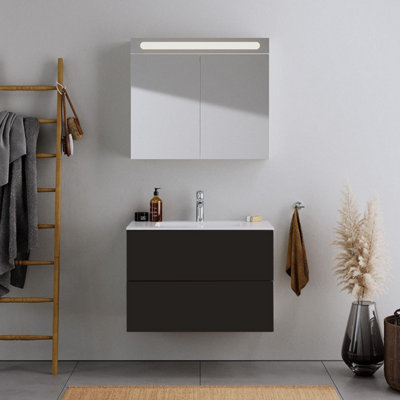 600mm LED Drawers Minimalist 2 Drawer Wall Hung Bathroom Vanity Basin Unit (Fully Assembled) - Vivo Gloss Anthracite