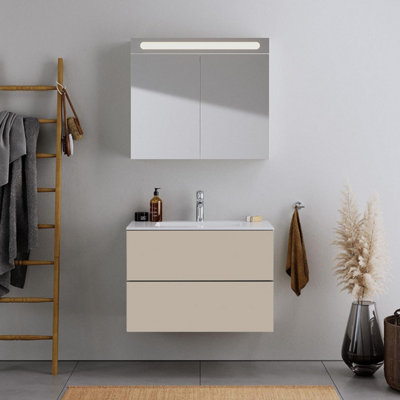 600mm LED Drawers Minimalist 2 Drawer Wall Hung Bathroom Vanity Basin Unit (Fully Assembled) - Vivo Gloss Cashmere