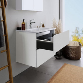 600mm LED Drawers Minimalist 2 Drawer Wall Hung Bathroom Vanity Basin Unit (Fully Assembled) - Vivo Gloss Light Grey