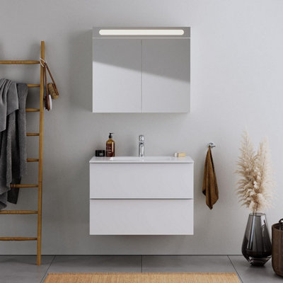 600mm LED Drawers Minimalist 2 Drawer Wall Hung Bathroom Vanity Basin Unit (Fully Assembled) - Vivo Gloss White
