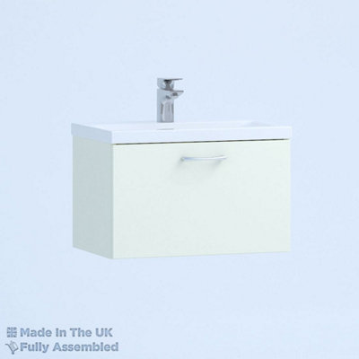 600mm Mid Edge 1 Drawer Wall Hung Bathroom Vanity Basin Unit (Fully Assembled) - Vivo Matt Ivory