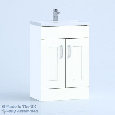 600mm Mid Edge 2 Door Floor Standing Bathroom Vanity Basin Unit (Fully Assembled) - Oxford Matt White