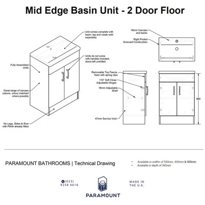 600mm Mid Edge 2 Door Floor Standing Bathroom Vanity Basin Unit (Fully Assembled) - Oxford Matt White