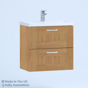 600mm Mid Edge 2 Drawer Wall Hung Bathroom Vanity Basin Unit (Fully Assembled) - Cambridge Solid Wood Natural Oak