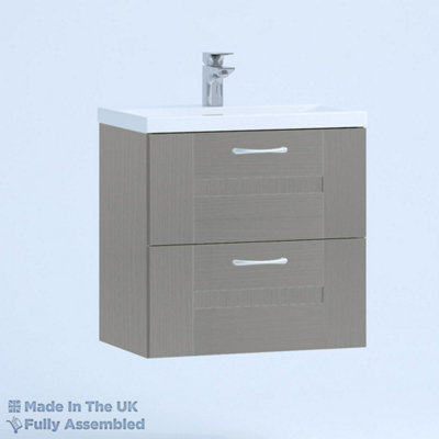 600mm Mid Edge 2 Drawer Wall Hung Bathroom Vanity Basin Unit (Fully Assembled) - Cartmel Woodgrain Dust Grey