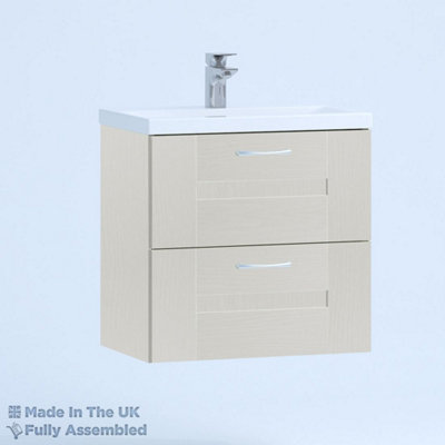 600mm Mid Edge 2 Drawer Wall Hung Bathroom Vanity Basin Unit (Fully Assembled) - Cartmel Woodgrain Light Grey