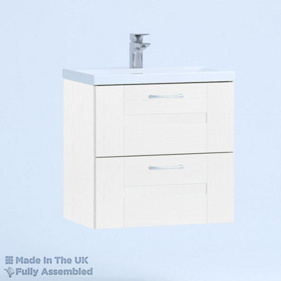 600mm Mid Edge 2 Drawer Wall Hung Bathroom Vanity Basin Unit (Fully Assembled) - Cartmel Woodgrain White