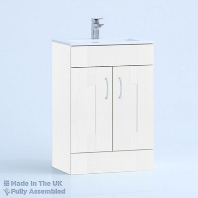 600mm Minimalist 2 Door Floor Standing Bathroom Vanity Basin Unit (Fully Assembled) - Cartmel Woodgrain White