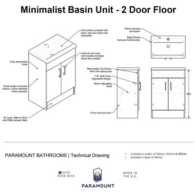 600mm Minimalist 2 Door Floor Standing Bathroom Vanity Basin Unit (Fully Assembled) - Lucente Matt Light Grey