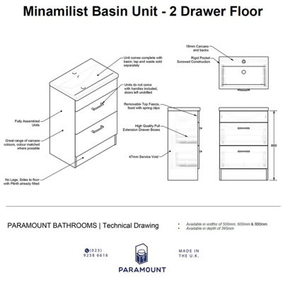 600mm Minimalist 2 Drawer Floor Standing Bathroom Vanity Basin Unit (Fully Assembled) - Lucente Matt Cashmere