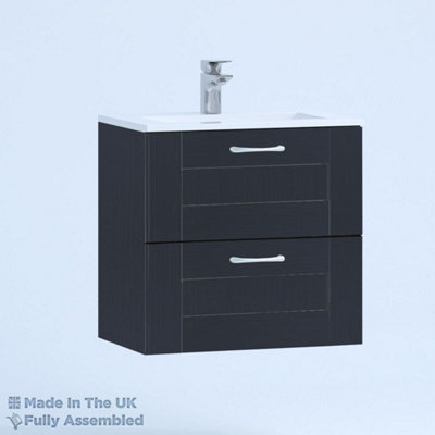 600mm Minimalist 2 Drawer Wall Hung Bathroom Vanity Basin Unit (Fully Assembled) - Cambridge Solid Wood Indigo