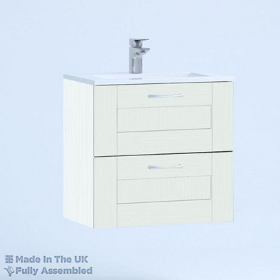 600mm Minimalist 2 Drawer Wall Hung Bathroom Vanity Basin Unit (Fully Assembled) - Cambridge Solid Wood Ivory