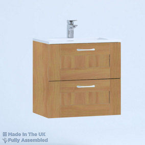 600mm Minimalist 2 Drawer Wall Hung Bathroom Vanity Basin Unit (Fully Assembled) - Cambridge Solid Wood Natural Oak