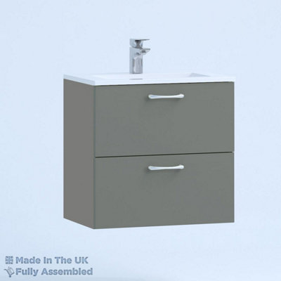 600mm Minimalist 2 Drawer Wall Hung Bathroom Vanity Basin Unit (Fully Assembled) - Vivo Matt Dust Grey