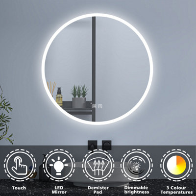 600mm Round Illuminated Bathroom Mirror with Demister Pad 3 Colors ...