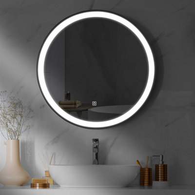 600mm Round LED Illuminated Bathroom Mirror Black Frame - Cool White With Touch Sensor & Demister Pad