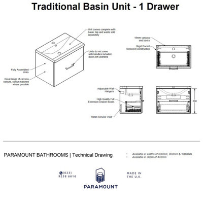 600mm Traditional 1 Drawer Wall Hung Bathroom Vanity Basin Unit (Fully Assembled) - Cambridge Solid Wood Natural Oak