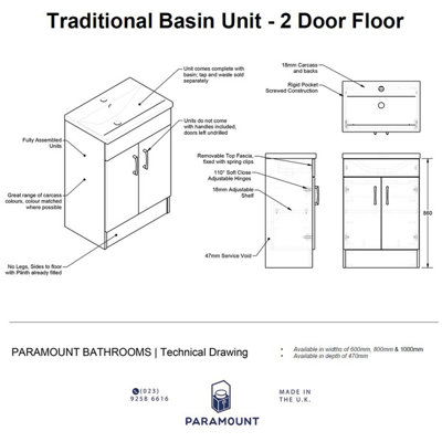 600mm Traditional 2 Door Floor Standing Bathroom Vanity Basin Unit (Fully Assembled) - Cambridge Solid Wood Indigo