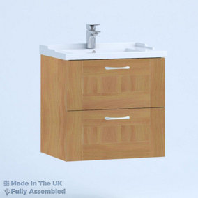 600mm Traditional 2 Drawer Wall Hung Bathroom Vanity Basin Unit (Fully Assembled) - Cambridge Solid Wood Natural Oak