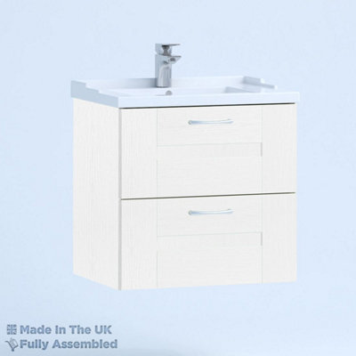 600mm Traditional 2 Drawer Wall Hung Bathroom Vanity Basin Unit (Fully Assembled) - Cartmel Woodgrain White