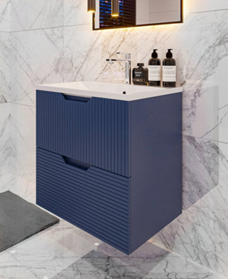 600mm wall hung blue bathroom vanity unit with basin and drawers